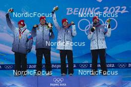 13.02.2022, Beijing, China (CHN): Alexey Chervotkin (ROC), Alexander Bolshunov (ROC), Denis Spitsov (ROC), Sergey Ustiugov (ROC), (l-r) - XXIV. Olympic Winter Games Beijing 2022, cross-country, medals, Beijing (CHN). www.nordicfocus.com. © Thibaut/NordicFocus. Every downloaded picture is fee-liable.