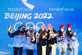 05.02.2022, Beijing, China (CHN): Maja Dahlqvist (SWE), Jonna Sundling (SWE), Katharina Hennig (GER), Victoria Carl (GER), Yulia Stupak (RUS), Natalia Nepryaeva (RUS), (l-r)  - XXIV. Olympic Winter Games Beijing 2022, cross-country, medals, Beijing (CHN). www.nordicfocus.com. © Modica/NordicFocus. Every downloaded picture is fee-liable.