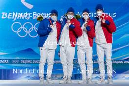 13.02.2022, Beijing, China (CHN): Richard Jouve (FRA), Hugo Lapalus (FRA), Clement Parisse (FRA), Maurice Manificat (FRA), (l-r) - XXIV. Olympic Winter Games Beijing 2022, cross-country, medals, Beijing (CHN). www.nordicfocus.com. © Thibaut/NordicFocus. Every downloaded picture is fee-liable.