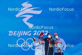 11.02.2022, Beijing, China (CHN): Alexander Bolshunov (ROC), Iivo Niskanen (FIN), Johannes Hoesflot Klaebo (NOR), (l-r) - XXIV. Olympic Winter Games Beijing 2022, cross-country, medals, Beijing (CHN). www.nordicfocus.com. © Thibaut/NordicFocus. Every downloaded picture is fee-liable.