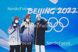 07.02.2022, Beijing, China (CHN): Denis Spitsov (ROC), Alexander Bolshunov (ROC), Iivo Niskanen (FIN), l,r - XXIV. Olympic Winter Games Beijing 2022, cross-country, medals, Beijing (CHN). www.nordicfocus.com. © Modica/NordicFocus. Every downloaded picture is fee-liable.