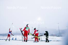 13.02.2022, Beijing, China (CHN): Alexey Chervotkin (RUS), Alexander Bolshunov (RUS), Denis Spitsov (RUS), Sergey Ustiugov (RUS), (l-r)  - XXIV. Olympic Winter Games Beijing 2022, cross-country, 4x10km men, Beijing (CHN). www.nordicfocus.com. © Modica/NordicFocus. Every downloaded picture is fee-liable.