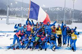 13.02.2022, Beijing, China (CHN): Richard Jouve (FRA), Hugo Lapalus (FRA), Clement Parisse (FRA), Maurice Manificat (FRA), (l-r)  - XXIV. Olympic Winter Games Beijing 2022, cross-country, 4x10km men, Beijing (CHN). www.nordicfocus.com. © Modica/NordicFocus. Every downloaded picture is fee-liable.