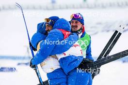 13.02.2022, Beijing, China (CHN): Richard Jouve (FRA), Hugo Lapalus (FRA), Clement Parisse (FRA), (l-r)  - XXIV. Olympic Winter Games Beijing 2022, cross-country, 4x10km men, Beijing (CHN). www.nordicfocus.com. © Modica/NordicFocus. Every downloaded picture is fee-liable.