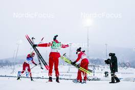 13.02.2022, Beijing, China (CHN): Alexey Chervotkin (RUS), Alexander Bolshunov (RUS), Denis Spitsov (RUS), Sergey Ustiugov (RUS), (l-r)  - XXIV. Olympic Winter Games Beijing 2022, cross-country, 4x10km men, Beijing (CHN). www.nordicfocus.com. © Modica/NordicFocus. Every downloaded picture is fee-liable.