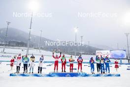 13.02.2022, Beijing, China (CHN): Emil Iversen (NOR), Paal Golberg (NOR), Hans Christer Holund (NOR), Johannes Hoesflot Klaebo (NOR), Alexey Chervotkin (RUS), Alexander Bolshunov (RUS), Denis Spitsov (RUS), Sergey Ustiugov (RUS), Richard Jouve (FRA), Hugo Lapalus (FRA), Clement Parisse (FRA), Maurice Manificat (FRA), (l-r)  - XXIV. Olympic Winter Games Beijing 2022, cross-country, 4x10km men, Beijing (CHN). www.nordicfocus.com. © Modica/NordicFocus. Every downloaded picture is fee-liable.