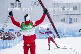 13.02.2022, Beijing, China (CHN): Alexander Bolshunov (RUS), Sergey Ustiugov (RUS), (l-r)  - XXIV. Olympic Winter Games Beijing 2022, cross-country, 4x10km men, Beijing (CHN). www.nordicfocus.com. © Modica/NordicFocus. Every downloaded picture is fee-liable.