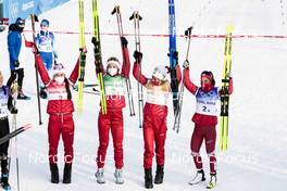 12.02.2022, Beijing, China (CHN): Yulia Stupak (ROC), Natalia Nepryaeva (ROC), Tatiana Sorina (ROC), Veronika Stepanova (ROC), (l-r)  - XXIV. Olympic Winter Games Beijing 2022, cross-country, 4x5km women, Beijing (CHN). www.nordicfocus.com. © Modica/NordicFocus. Every downloaded picture is fee-liable.