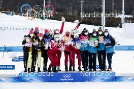 12.02.2022, Beijing, China (CHN): Katherine Sauerbrey (GER), Katharina Hennig (GER), Victoria Carl (GER), Sofie Krehl (GER), Yulia Stupak (ROC), Natalia Nepryaeva (ROC), Tatiana Sorina (ROC), Veronika Stepanova (ROC), Maja Dahlqvist (SWE), Ebba Andersson (SWE), Frida Karlsson (SWE), Jonna Sundling (SWE), (l-r)  - XXIV. Olympic Winter Games Beijing 2022, cross-country, 4x5km women, Beijing (CHN). www.nordicfocus.com. © Modica/NordicFocus. Every downloaded picture is fee-liable.