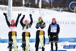 12.02.2022, Beijing, China (CHN): Katherine Sauerbrey (GER), Katharina Hennig (GER), Victoria Carl (GER), Sofie Krehl (GER), (l-r)  - XXIV. Olympic Winter Games Beijing 2022, cross-country, 4x5km women, Beijing (CHN). www.nordicfocus.com. © Modica/NordicFocus. Every downloaded picture is fee-liable.