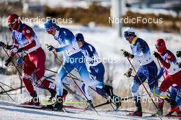 06.02.2022, Beijing, China (CHN): Alexander Bolshunov (ROC), Hugo Lapalus (FRA), Calle Halfvarsson (SWE), (l-r)  - XXIV. Olympic Winter Games Beijing 2022, cross-country, skiathlon men, Beijing (CHN). www.nordicfocus.com. © Modica/NordicFocus. Every downloaded picture is fee-liable.