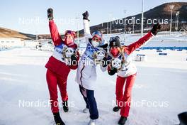 05.02.2022, Beijing, China (CHN): Natalia Nepryaeva (ROC), Therese Johaug (NOR), Teresa Stadlober (AUT), (l-r)  - XXIV. Olympic Winter Games Beijing 2022, cross-country, skiathlon women, Beijing (CHN). www.nordicfocus.com. © Modica/NordicFocus. Every downloaded picture is fee-liable.