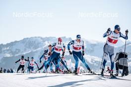 26.03.2022, Zweisimmen-Sparenmoos, Switzerland (SUI): Jonas Baumann (SUI), Dario Cologna (SUI), Toni Livers (SUI), (l-r)  - Swiss Championships cross-country, mass, Zweisimmen-Sparenmoos (SUI). www.nordicfocus.com. © Modica/NordicFocus. Every downloaded picture is fee-liable.