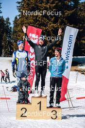 26.03.2022, Zweisimmen-Sparenmoos, Switzerland (SUI): Toni Livers (SUI), Dario Cologna (SUI), Jeremy Finello (SUI), (l-r) - Swiss Championships cross-country, mass, Zweisimmen-Sparenmoos (SUI). www.nordicfocus.com. © Modica/NordicFocus. Every downloaded picture is fee-liable.