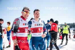 26.03.2022, Zweisimmen-Sparenmoos, Switzerland (SUI): Jovian Hediger (SUI), Dario Cologna (SUI), (l-r)  - Swiss Championships cross-country, mass, Zweisimmen-Sparenmoos (SUI). www.nordicfocus.com. © Modica/NordicFocus. Every downloaded picture is fee-liable.