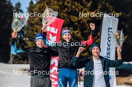 26.03.2022, Zweisimmen-Sparenmoos, Switzerland (SUI): Mario Baessler (SUI), Antonin Savary (SUI), Filippo Gadient (SUI), (l-r) - Swiss Championships cross-country, mass, Zweisimmen-Sparenmoos (SUI). www.nordicfocus.com. © Modica/NordicFocus. Every downloaded picture is fee-liable.