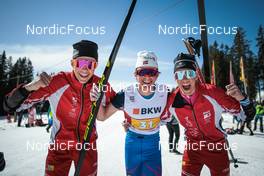 27.03.2022, Zweisimmen-Sparenmoos, Switzerland (SUI): Noe Naeff (SUI), Max Wanger (SUI), Isai Naeff (SUI), (l-r)  - Swiss Championships cross-country, relay, Zweisimmen-Sparenmoos (SUI). www.nordicfocus.com. © Modica/NordicFocus. Every downloaded picture is fee-liable.