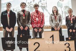 27.03.2022, Zweisimmen-Sparenmoos, Switzerland (SUI): Dario Cologna (SUI, Isai Naeff (SUI), Antonin Savary (SUI), Nadine Faehndrich (SUI), Estelle Darbellay (SUI), (l-r) - Swiss Championships cross-country, relay, Zweisimmen-Sparenmoos (SUI). www.nordicfocus.com. © Modica/NordicFocus. Every downloaded picture is fee-liable.