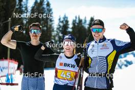 27.03.2022, Zweisimmen-Sparenmoos, Switzerland (SUI): Livio Matossi(SUI), Nadja Kaelin(SUI), Curdin Raez(SUI), (l-r)  - Swiss Championships cross-country, relay, Zweisimmen-Sparenmoos (SUI). www.nordicfocus.com. © Modica/NordicFocus. Every downloaded picture is fee-liable.