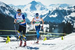 27.03.2022, Zweisimmen-Sparenmoos, Switzerland (SUI): Curdin Raez(SUI), Mario Baessler(SUI), (l-r)  - Swiss Championships cross-country, relay, Zweisimmen-Sparenmoos (SUI). www.nordicfocus.com. © Modica/NordicFocus. Every downloaded picture is fee-liable.