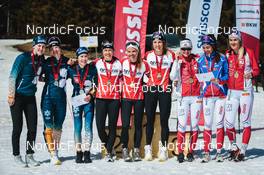 27.03.2022, Zweisimmen-Sparenmoos, Switzerland (SUI): Bianca Buholzer (SUI), Nadine Faehndrich (SUI), Nadia Steiger (SUI), Karoline Moen Guidon (SUI), Anja Weber (SUI), Laurien Van Der Graaff (SUI), Fabiana Wieser (SUI), Giuliana Werro (SUI), Helena Guntern (SUI), (l-r) - Swiss Championships cross-country, relay, Zweisimmen-Sparenmoos (SUI). www.nordicfocus.com. © Modica/NordicFocus. Every downloaded picture is fee-liable.