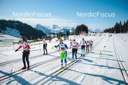 27.03.2022, Zweisimmen-Sparenmoos, Switzerland (SUI): Karoline Moen Guidon (SUI), Celine Arnold (SUI), Noemie Charriere (SUI), Annalena Schocher (LIE), (l-r)  - Swiss Championships cross-country, relay, Zweisimmen-Sparenmoos (SUI). www.nordicfocus.com. © Modica/NordicFocus. Every downloaded picture is fee-liable.