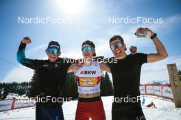 27.03.2022, Zweisimmen-Sparenmoos, Switzerland (SUI): Severin Baessler(SUI), Yanick Baessler(SUI), Mario Baessler(SUI), (l-r)  - Swiss Championships cross-country, relay, Zweisimmen-Sparenmoos (SUI). www.nordicfocus.com. © Modica/NordicFocus. Every downloaded picture is fee-liable.