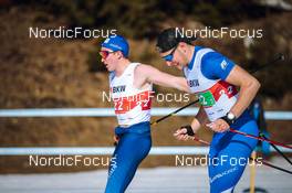 27.03.2022, Zweisimmen-Sparenmoos, Switzerland (SUI): David Knobel (SUI), Loris Hanselmann (SUI), (l-r)  - Swiss Championships cross-country, relay, Zweisimmen-Sparenmoos (SUI). www.nordicfocus.com. © Modica/NordicFocus. Every downloaded picture is fee-liable.