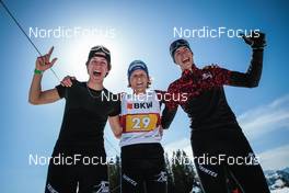 27.03.2022, Zweisimmen-Sparenmoos, Switzerland (SUI): Evan Gertsch (SUI), Normand Savary (SUI), Antonin Savary (SUI), (l-r)  - Swiss Championships cross-country, relay, Zweisimmen-Sparenmoos (SUI). www.nordicfocus.com. © Modica/NordicFocus. Every downloaded picture is fee-liable.