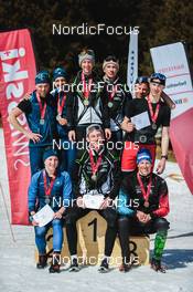 27.03.2022, Zweisimmen-Sparenmoos, Switzerland (SUI): Erwan Kaeser (SUI), Ueli Schnider (SUI), Lydia Hiernickel (SUI), Marino Capelli (SUI), Cedric Steiner (SUI), Valerio Grond (SUI), Severin Baessler(SUI), Mario Baessler(SUI), Yanick Baessler(SUI), (l-r)  - Swiss Championships cross-country, relay, Zweisimmen-Sparenmoos (SUI). www.nordicfocus.com. © Modica/NordicFocus. Every downloaded picture is fee-liable.