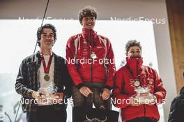 27.03.2022, Zweisimmen-Sparenmoos, Switzerland (SUI): Jon-Fadri Nufer (SUI), Isai Naeff (SUI), Silvan Lauber (SUI), (l-r) - Swiss Championships cross-country, relay, Zweisimmen-Sparenmoos (SUI). www.nordicfocus.com. © Modica/NordicFocus. Every downloaded picture is fee-liable.