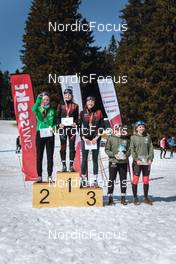 25.03.2022, Zweisimmen-Sparenmoos, Switzerland (SUI): Lena Baumann (SUI), Estelle Darbellay (SUI), Sophie Rey (SUI), Mica Bodkins (USA), Elsie Weiss (USA), (l-r) - Swiss Championships cross-country, skiathlon, Zweisimmen-Sparenmoos (SUI). www.nordicfocus.com. © Modica/NordicFocus. Every downloaded picture is fee-liable.