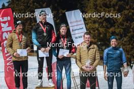 25.03.2022, Zweisimmen-Sparenmoos, Switzerland (SUI): Jonas Baumann (SUI), Dario Cologna (SUI), Beda Klee (SUI), Cedric Steiner (SUI), Ueli Schnider (SUI), (l-r) - Swiss Championships cross-country, skiathlon, Zweisimmen-Sparenmoos (SUI). www.nordicfocus.com. © Modica/NordicFocus. Every downloaded picture is fee-liable.
