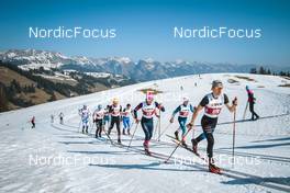 25.03.2022, Zweisimmen-Sparenmoos, Switzerland (SUI): Maxime Beguin (SUI), Sven Buholzer (SUI), Jon-Fadri Nufer (SUI), Silvan Lauber (SUI), Luc Cottier (SUI), (l-r)  - Swiss Championships cross-country, skiathlon, Zweisimmen-Sparenmoos (SUI). www.nordicfocus.com. © Modica/NordicFocus. Every downloaded picture is fee-liable.