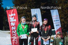 25.03.2022, Zweisimmen-Sparenmoos, Switzerland (SUI): Lena Baumann (SUI), Estelle Darbellay (SUI), Sophie Rey (SUI), (l-r) - Swiss Championships cross-country, skiathlon, Zweisimmen-Sparenmoos (SUI). www.nordicfocus.com. © Modica/NordicFocus. Every downloaded picture is fee-liable.
