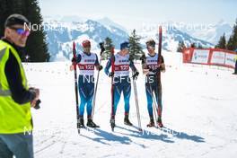 25.03.2022, Zweisimmen-Sparenmoos, Switzerland (SUI): Jonas Baumann (SUI), Dario Cologna (SUI), Beda Klee (SUI), (l-r)  - Swiss Championships cross-country, skiathlon, Zweisimmen-Sparenmoos (SUI). www.nordicfocus.com. © Modica/NordicFocus. Every downloaded picture is fee-liable.
