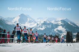 25.03.2022, Zweisimmen-Sparenmoos, Switzerland (SUI): Gianluca Walpen (SUI), Antonin Savary (SUI), Roman Alder (SUI), Noe Naeff (SUI), Mario Baessler (SUI), Robin Frommelt (SUI), Silvan Durrer (SUI), Silvan Hauser (SUI), Micha Buechel (SUI), Isai Naeff (SUI), (l-r)  - Swiss Championships cross-country, skiathlon, Zweisimmen-Sparenmoos (SUI). www.nordicfocus.com. © Modica/NordicFocus. Every downloaded picture is fee-liable.