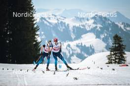 25.03.2022, Zweisimmen-Sparenmoos, Switzerland (SUI): Beda Klee (SUI), Jonas Baumann (SUI), (l-r)  - Swiss Championships cross-country, skiathlon, Zweisimmen-Sparenmoos (SUI). www.nordicfocus.com. © Modica/NordicFocus. Every downloaded picture is fee-liable.