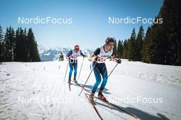 25.03.2022, Zweisimmen-Sparenmoos, Switzerland (SUI): Jonas Baumann (SUI), Beda Klee (SUI), (l-r)  - Swiss Championships cross-country, skiathlon, Zweisimmen-Sparenmoos (SUI). www.nordicfocus.com. © Modica/NordicFocus. Every downloaded picture is fee-liable.