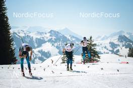 25.03.2022, Zweisimmen-Sparenmoos, Switzerland (SUI): Cedric Steiner (SUI), Ueli Schnider (SUI), Candide Pralong (SUI), (l-r)  - Swiss Championships cross-country, skiathlon, Zweisimmen-Sparenmoos (SUI). www.nordicfocus.com. © Modica/NordicFocus. Every downloaded picture is fee-liable.