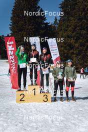 25.03.2022, Zweisimmen-Sparenmoos, Switzerland (SUI): Lena Baumann (SUI), Estelle Darbellay (SUI), Sophie Rey (SUI), Mica Bodkins (USA), Elsie Weiss (USA), (l-r) - Swiss Championships cross-country, skiathlon, Zweisimmen-Sparenmoos (SUI). www.nordicfocus.com. © Modica/NordicFocus. Every downloaded picture is fee-liable.
