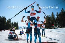 25.03.2022, Zweisimmen-Sparenmoos, Switzerland (SUI): Beda Klee (SUI), Dario Cologna (SUI), Jonas Baumann (SUI), (l-r)  - Swiss Championships cross-country, skiathlon, Zweisimmen-Sparenmoos (SUI). www.nordicfocus.com. © Modica/NordicFocus. Every downloaded picture is fee-liable.