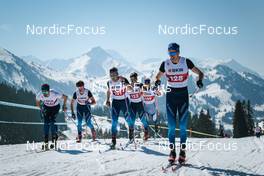 25.03.2022, Zweisimmen-Sparenmoos, Switzerland (SUI): Ueli Schnider (SUI), Cyril Faehndrich (SUI), Erwan Kaeser (SUI), Beda Klee (SUI), Marino Capelli (SUI), Candide Pralong (SUI), (l-r)  - Swiss Championships cross-country, skiathlon, Zweisimmen-Sparenmoos (SUI). www.nordicfocus.com. © Modica/NordicFocus. Every downloaded picture is fee-liable.