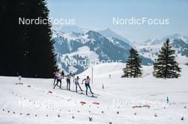 25.03.2022, Zweisimmen-Sparenmoos, Switzerland (SUI): Nicola Mueller (SUI), Ueli Schnider (SUI), Candide Pralong (SUI), Marino Capelli (SUI), Cedric Steiner (SUI), (l-r)  - Swiss Championships cross-country, skiathlon, Zweisimmen-Sparenmoos (SUI). www.nordicfocus.com. © Modica/NordicFocus. Every downloaded picture is fee-liable.