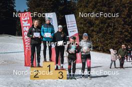 25.03.2022, Zweisimmen-Sparenmoos, Switzerland (SUI): Kate Oldham (USA), Helena Guntern (SUI), Fabienne Alder (SUI), Estelle Darbellay (SUI), Amelia Tucker (USA), (l-r) - Swiss Championships cross-country, skiathlon, Zweisimmen-Sparenmoos (SUI). www.nordicfocus.com. © Modica/NordicFocus. Every downloaded picture is fee-liable.