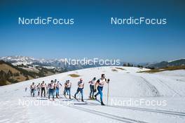 25.03.2022, Zweisimmen-Sparenmoos, Switzerland (SUI): Beda Klee (SUI), Cyril Faehndrich (SUI), Cedric Steiner (SUI), Dario Cologna (SUI), Erwan Kaeser (SUI), Jonas Baumann (SUI), Valerio Grond (SUI), (l-r)  - Swiss Championships cross-country, skiathlon, Zweisimmen-Sparenmoos (SUI). www.nordicfocus.com. © Modica/NordicFocus. Every downloaded picture is fee-liable.