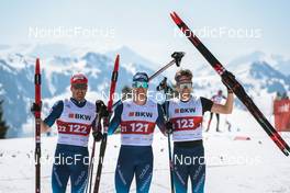 25.03.2022, Zweisimmen-Sparenmoos, Switzerland (SUI): Jonas Baumann (SUI), Dario Cologna (SUI), Beda Klee (SUI), (l-r)  - Swiss Championships cross-country, skiathlon, Zweisimmen-Sparenmoos (SUI). www.nordicfocus.com. © Modica/NordicFocus. Every downloaded picture is fee-liable.