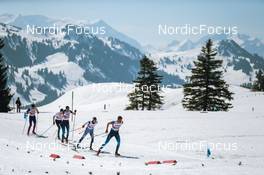 25.03.2022, Zweisimmen-Sparenmoos, Switzerland (SUI): Nicola Mueller (SUI), Ueli Schnider (SUI), Candide Pralong (SUI), Marino Capelli (SUI), Cedric Steiner (SUI), (l-r)  - Swiss Championships cross-country, skiathlon, Zweisimmen-Sparenmoos (SUI). www.nordicfocus.com. © Modica/NordicFocus. Every downloaded picture is fee-liable.
