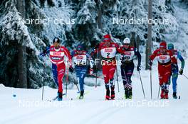 25.11.2022, Ruka, Finland (FIN): Richard Jouve (FRA), Lauri Vuorinen (FIN), Paal Golberg (NOR), James Clinton Schoonmaker (USA), Sivert Wiig (NOR), (l-r)  - FIS world cup cross-country, individual sprint, Ruka (FIN). www.nordicfocus.com. © Modica/NordicFocus. Every downloaded picture is fee-liable.