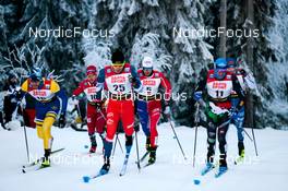 25.11.2022, Ruka, Finland (FIN): Marko Kilp (EST), Haavard Solaas Taugboel (NOR), Michal Novak (CZE), Lucas Chanavat (FRA), Francesco De Fabiani (ITA), Juuso Haarala (FIN), (l-r)  - FIS world cup cross-country, individual sprint, Ruka (FIN). www.nordicfocus.com. © Modica/NordicFocus. Every downloaded picture is fee-liable.